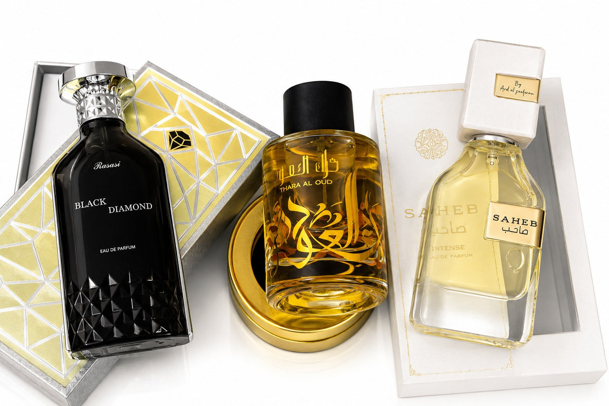 Two-House Pack: Rasasi Black Diamond, Saheb & Thara Al Oud Supreme Intense