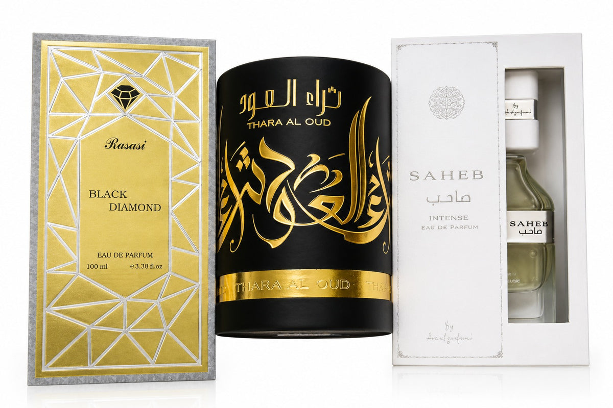 Two-House Pack: Rasasi Black Diamond, Saheb & Thara Al Oud Supreme Intense